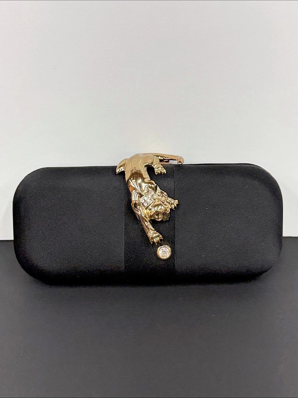 Black Satin Evening Clutch Purse Gold Rhinestone Leopard Panther Clasp Chain Str
